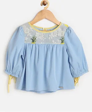 One Friday Half Sleeves Embroidered Tops - Blue