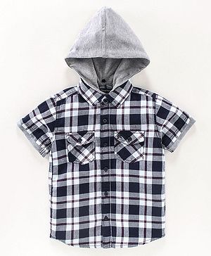 Pine Kids Half sleeves Hooded Indigo Checked Shirt - Navy
