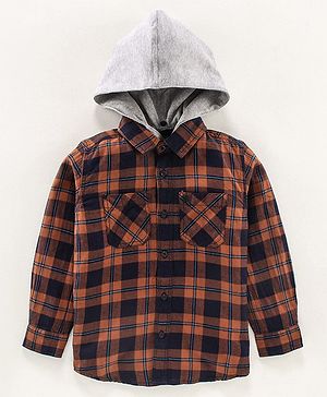 Pine Kids Full sleeves Hooded Indigo Checked Shirt - Brown