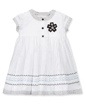Young Birds Short Sleeves Flower Embroidery Detailing Dress - Off White & Brown