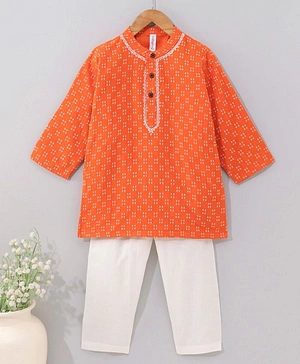 Babyhug Full Sleeves Kurta and Pyjama Set Ethnic Print - Orange
