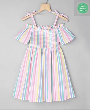 Sweetlime By A.S Half Sleeves Striped Cold Shoulder Dress - Multi