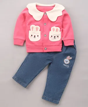 Kookie Kids Full Sleeve Winter Wear Suit with Bunny Applique - Pink Blue
