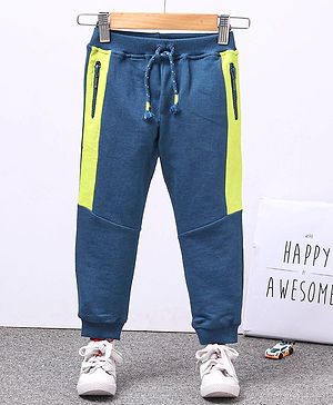 Babyhug Full Length Cotton Looper Track Pant With Zipped Side Pockets - Blue Green