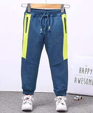 Babyhug Full Length Cotton Looper Track Pant With Zipped Side Pockets - Blue Green