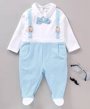 ToffyHouse Full Sleeves Striped  Footed Romper - Blue