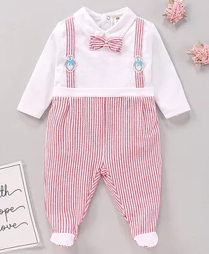 ToffyHouse Full Sleeves Striped  Footed Romper - Red
