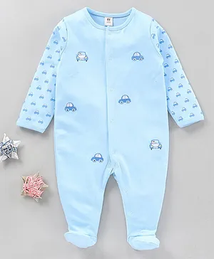 ToffyHouse Full Sleeves Footed Romper Car Print - Blue