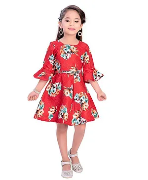 Doodle Girls Clothing Three Fourth Sleeves Floral Print Dress - Red