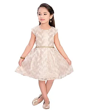 Doodle Girls Clothing Cap Sleeves Chevron Embroidery Detailing Dress - Golden