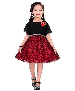 Doodle Girls Clothing Half Sleeves Floral Print Dress - Red & Black