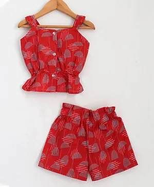 Woonie Sleeveless Leaves Print Top With Shorts - Red