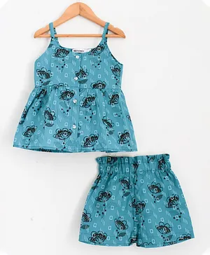 Woonie Sleeveless Flower Print Top With Shorts - Blue