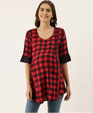 Goldstroms Three Fourth Sleeves Checkered Maternity Top - Red & White