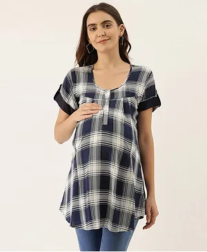 Goldstroms Half Sleeves Checkered Maternity Tunic - Navy Blue