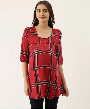 Goldstroms Three Fourth Sleeves Checkered Maternity Tunic - Red