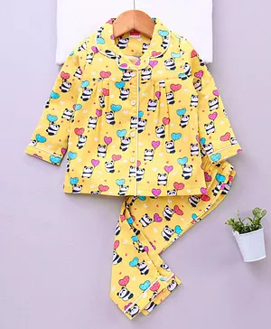 Babyhug Full Sleeves Woven Night Suit Panda Print - Yellow