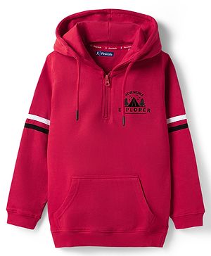 Pine Kids Cotton Knit Full Sleeves Hooded Sweatjacket   with Mountain Embroidery - Red