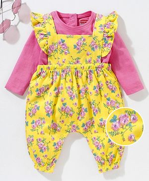 Babyhug Dungaree Style Romper with Full Sleeves Tee Floral Print - Yellow Pink