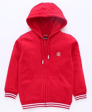 Pine Kids Full Sleeves Bio Wash Hooded Sweat Jacket - Red