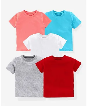 KAVEE Half Sleeves Cotton Solid Tee Pack Of 5 - Peach White Blue Grey Red