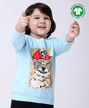 Babyoye Full Sleeves 100% GOTS Organic Cotton Terry T-Shirt Cat Print Graphic - Blue