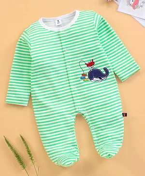 Little Folks Full Sleeves Footed Striped Romper - Green