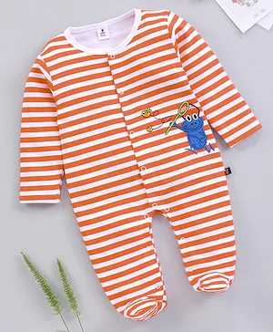 Little Folks Full Sleeves Footed Striped Romper - Orange