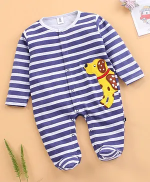 Little Folks Full Sleeves Footed Striped Romper - Blue