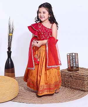 Babyhug Flutter Sleeves Sequinned Choli & Lehenga With Dupatta Floral Print - Red Yellow