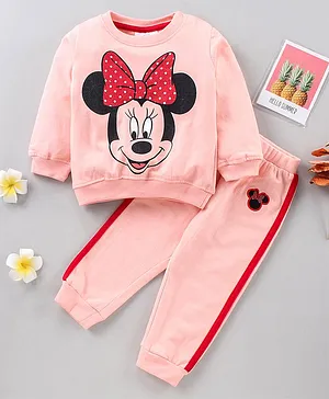 Babyhug Full Sleeves Top & Bottom Minnie Mouse Print - Peach