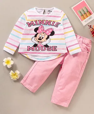 Babyhug Full Sleeves Striped Top & Pant Set Minnie Mouse Print- Pink