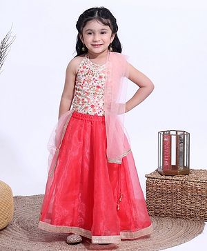 Babyhug Sleeveless Embroidered Choli & Net Lehenga with Dupatta - Coral