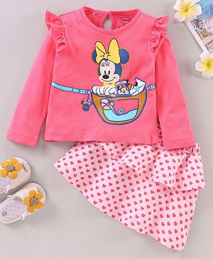 Babyhug Full Sleeves Top & Skirt Minnie Mouse Foil Print - Pink