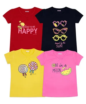 Luke And Lilly Short Sleeves Choose To Be Happy Print Tee Pack Of 4 - Black Pink Yellow Red