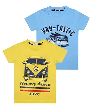 Luke And Lilly Pack Of 2 Half Sleeves Car Print Tees - Yellow & Blue