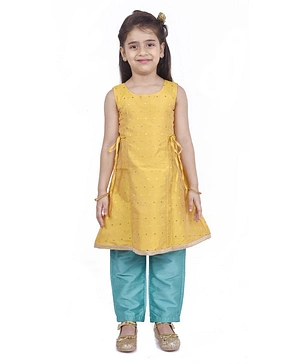 Tiny Bubs Sleevless All Over Dots Print Kurti With Palazzo - Green & Yellow