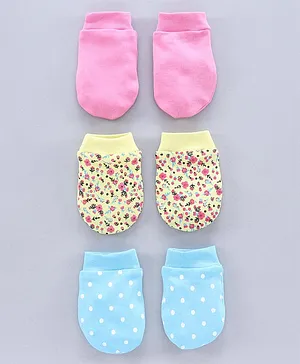 Babyhug 100% Cotton Mittens Solid Floral Printed Pack of 3 - Pink Yellow Blue