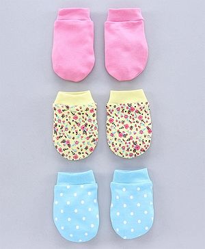Babyhug 100% Cotton Mittens Solid Floral Printed Pack of 3 - Pink Yellow Blue