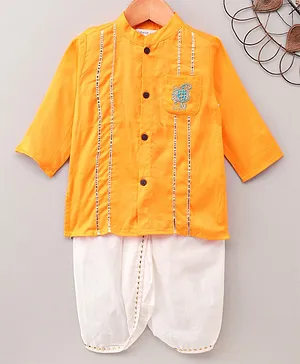 Babyoye Cotton Full Sleeves Kurta with Dhoti Pants Solid with Lace Work - Yellow White