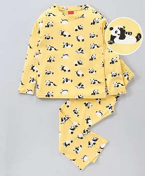 Kanvin Full Sleeves Night Suit Panda Print - Yellow