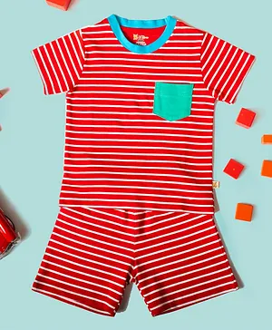 Lil' Roos Half Sleeves Striped Tee & Shorts Set - Red