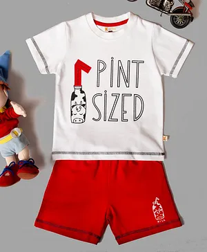 Lil' Roos Half Sleeves Pint Sized Printed Tee & Shorts Set - White & Red