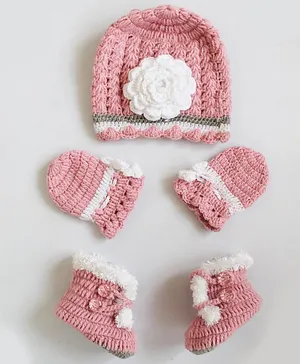 Woonie Handmade Floral Design Cap With Mittens & Booties - Pink