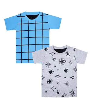 Luke And Lilly Half Sleeves Checked & Star Print Tee - Blue Grey