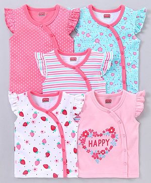 Babyhug 100% Cotton Short Sleeve Vests Strawberry Print Pack of 5 - Blue White Pink
