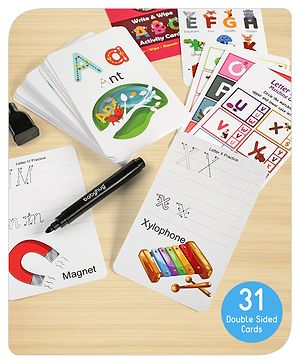 Babyhug Little Gems Jumbo Alphabets Write N Wipe Double Sided Activity Flash Cards with Excercise Book - 31 Pieces