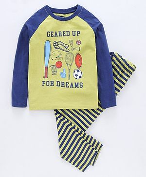 Pine Kids Full Sleeves Bio Wash Night Suit Sports Print - Green Blue
