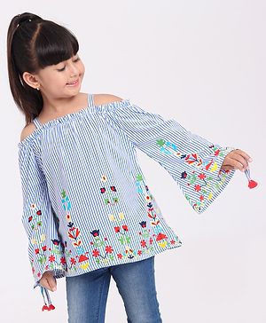 Babyhug Cold Shoulde Stripe Top Floral Print - Blue
