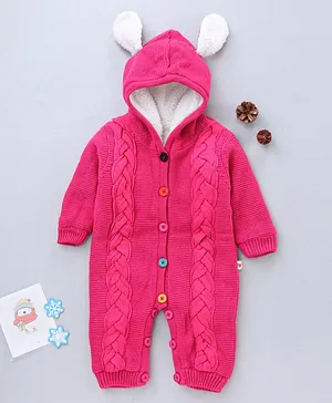 Yellow Apple Full Sleeves Winter Wear Onesie & Romper with Hood With Faux Fur Lining - Pink
